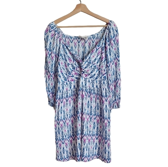 Savanna Jane White Blue Long Sleeve Ikat Print Dress Size large - Picture 1 of 5